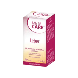 MetaCare® Leber // 60 Kps. ist ein Leberunterstützungspräparat mit pflanzlichen Bitterstoffen und Cholin, verpackt in einer rot-weißen Schachtel mit Produktinformationen in deutscher Sprache.